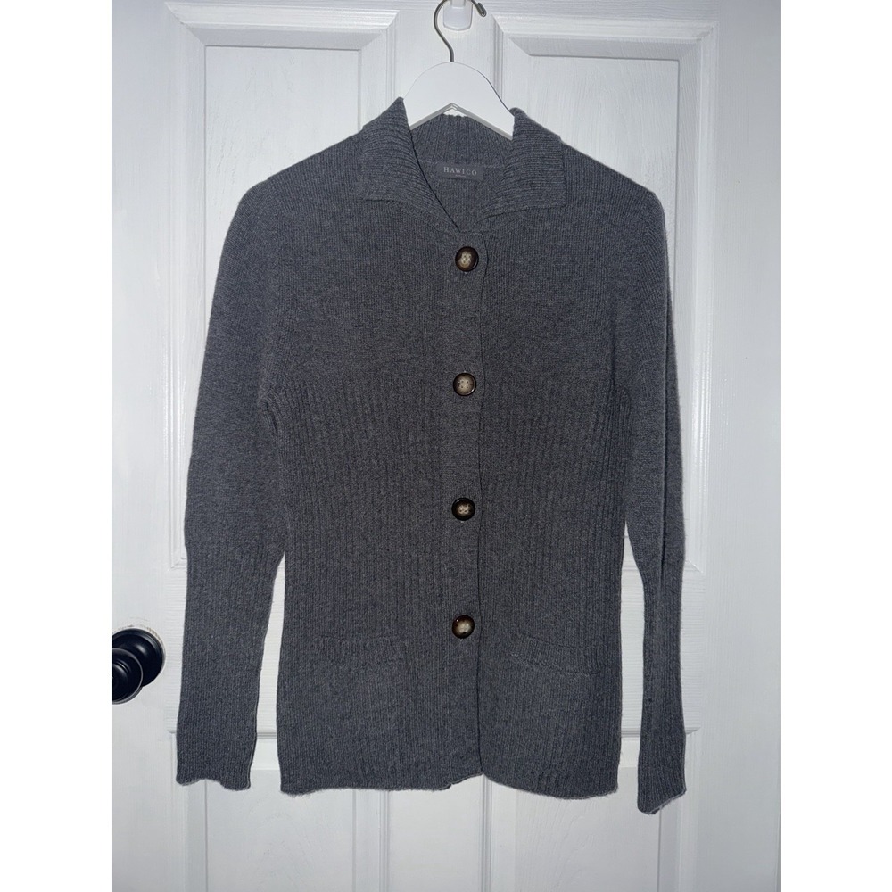 Hawico Scotland Women's Dark Gray Button Cardigan‎ Size M 100% Cashmere Ribbed